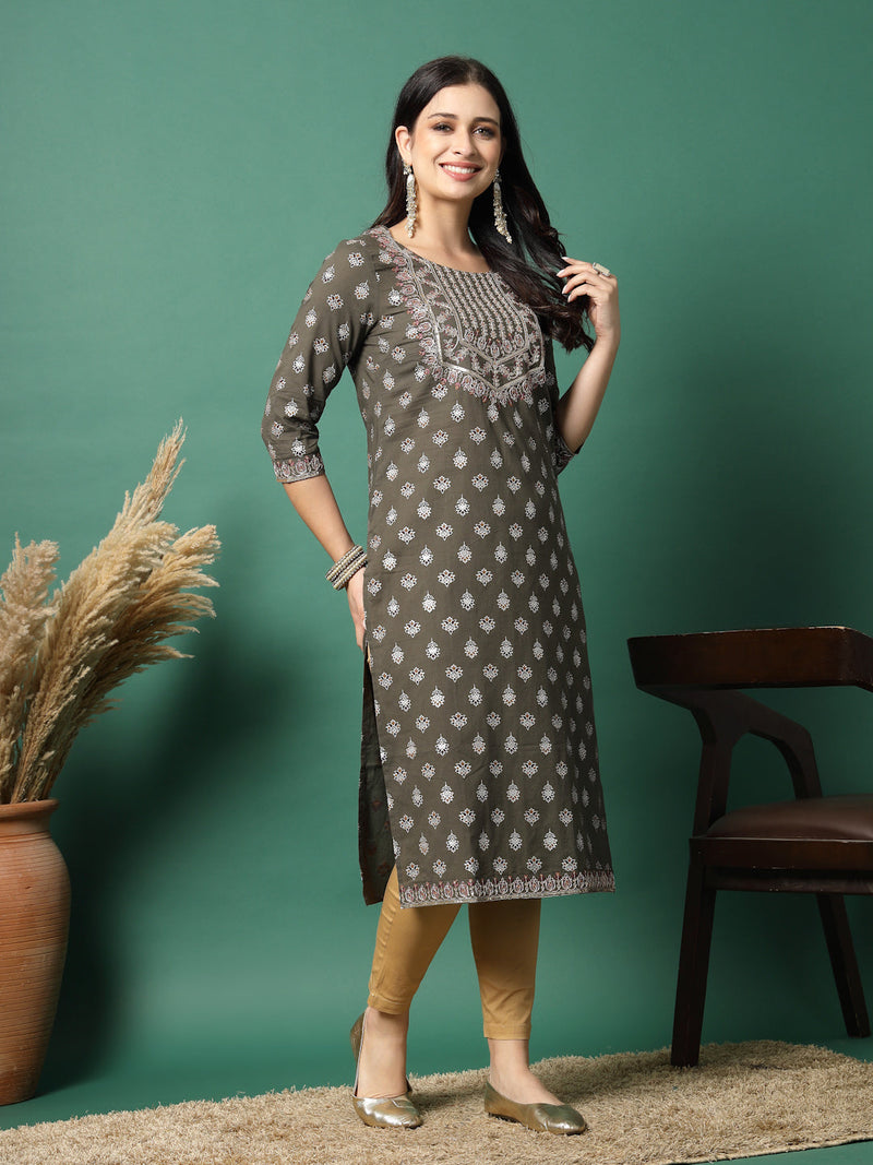 Women Grey Cotton Embroidered Straight Kurta