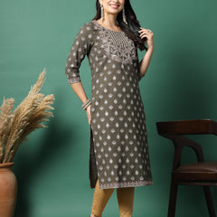 Women Grey Cotton Embroidered Straight Kurta