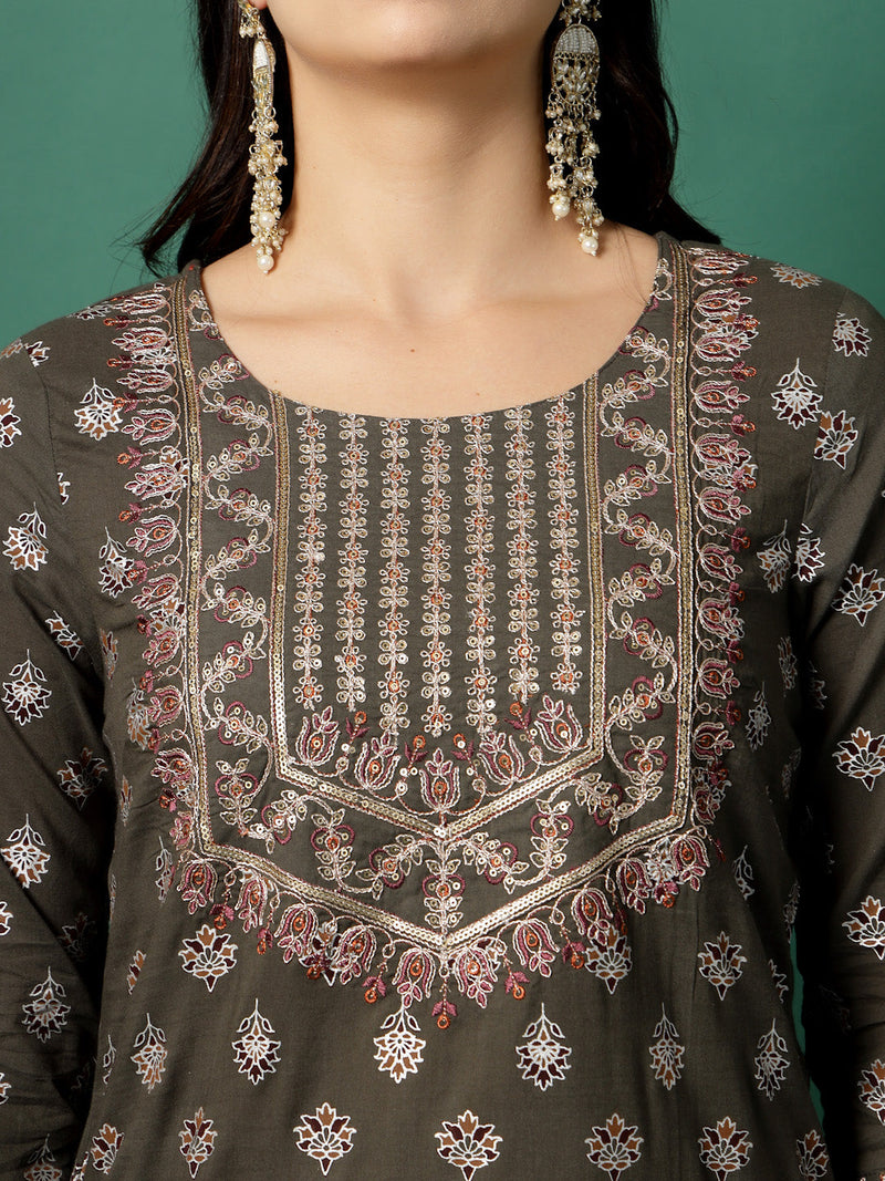 Women Grey Cotton Embroidered Straight Kurta