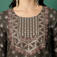 Women Grey Cotton Embroidered Straight Kurta