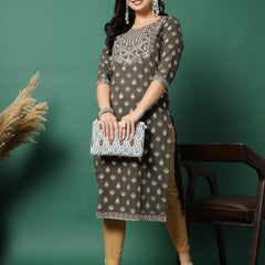 Women Grey Cotton Embroidered Straight Kurta