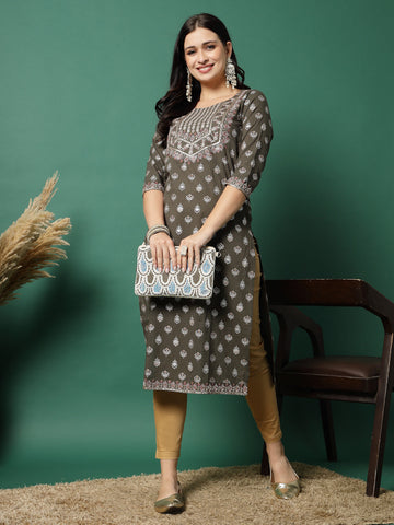 Women Grey Cotton Embroidered Straight Kurta