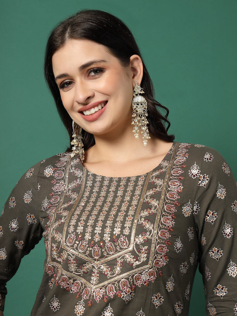 Women Grey Cotton Embroidered Straight Kurta