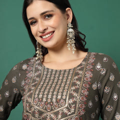 Women Grey Cotton Embroidered Straight Kurta