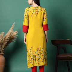 Women Mustard Rayon Embroidered Straight Kurta