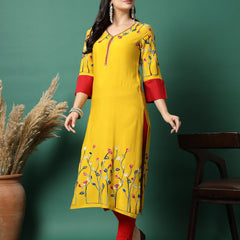 Women Mustard Rayon Embroidered Straight Kurta