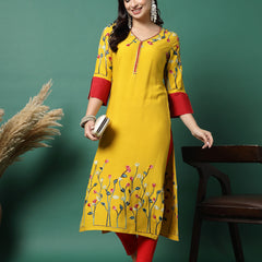 Women Mustard Rayon Embroidered Straight Kurta