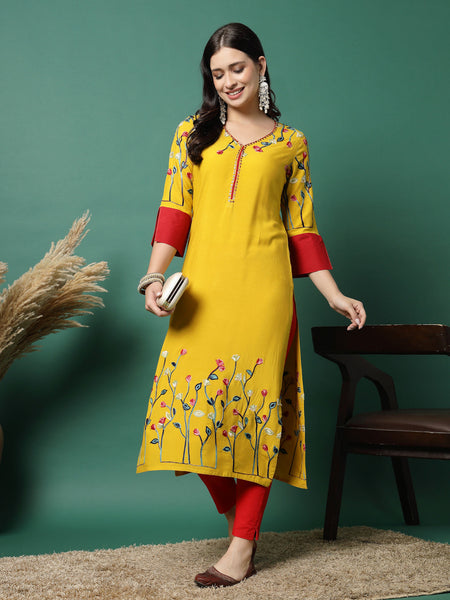 Women Mustard Rayon Embroidered Straight Kurta