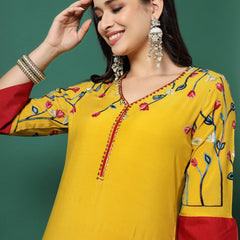 Women Mustard Rayon Embroidered Straight Kurta