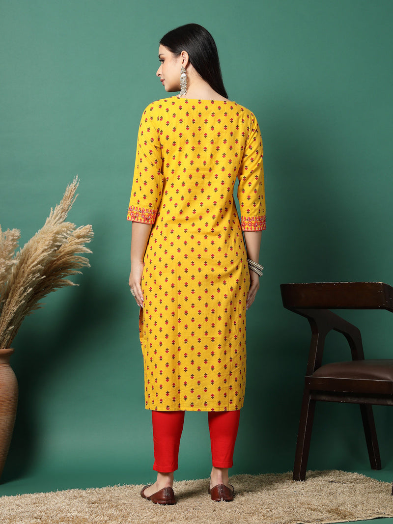 Women Yellow Cotton Embroidered Straight Kurta