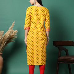 Women Yellow Cotton Embroidered Straight Kurta