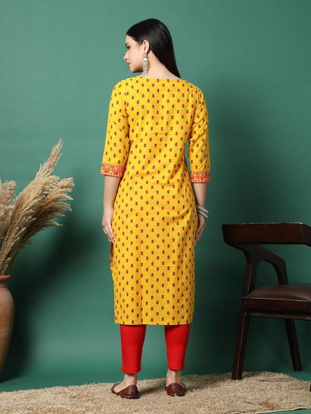 Women Yellow Cotton Embroidered Straight Kurta