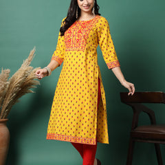 Women Yellow Cotton Embroidered Straight Kurta