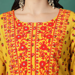 Women Yellow Cotton Embroidered Straight Kurta
