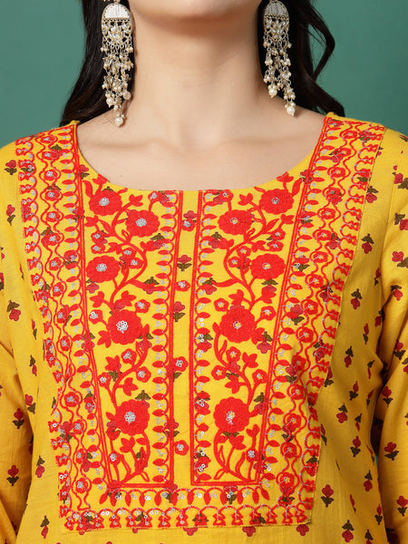 Women Yellow Cotton Embroidered Straight Kurta