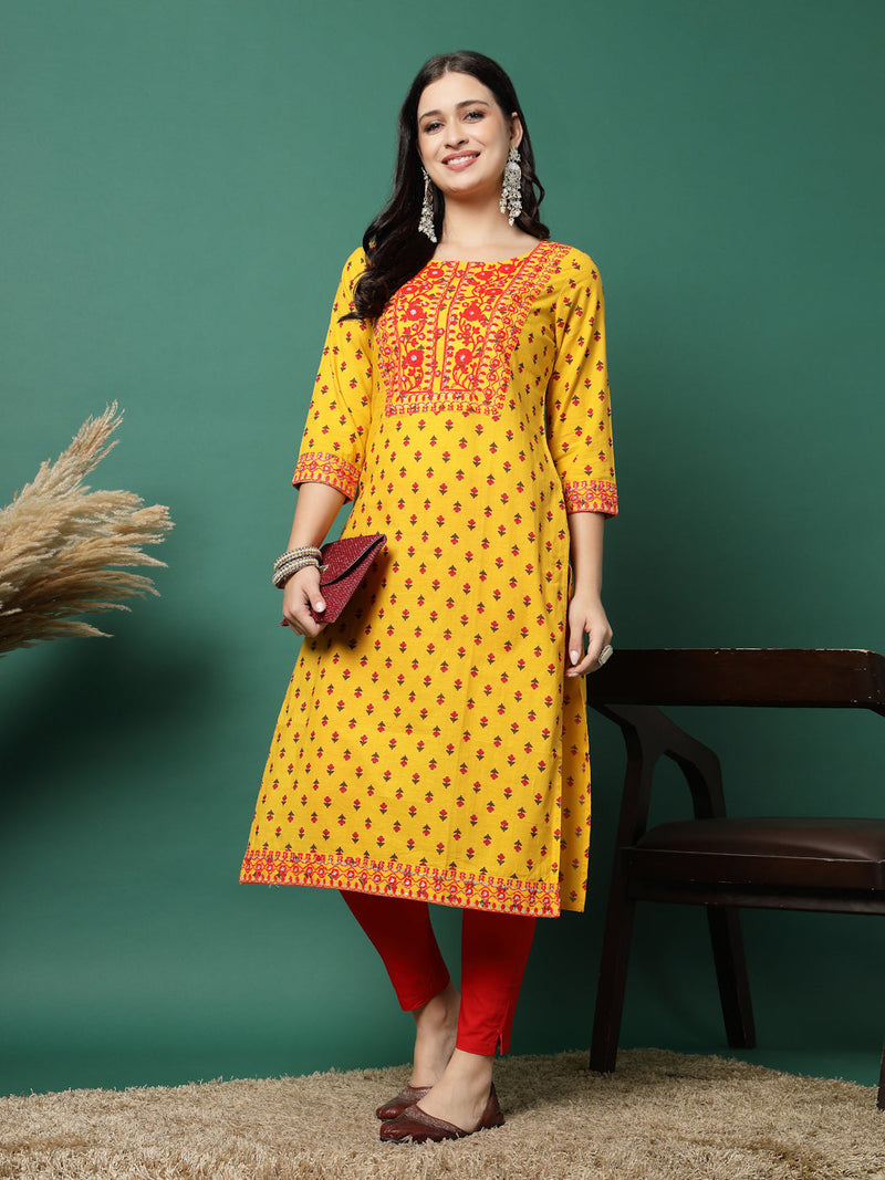 Women Yellow Cotton Embroidered Straight Kurta
