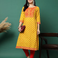 Women Yellow Cotton Embroidered Straight Kurta