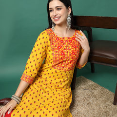 Women Yellow Cotton Embroidered Straight Kurta