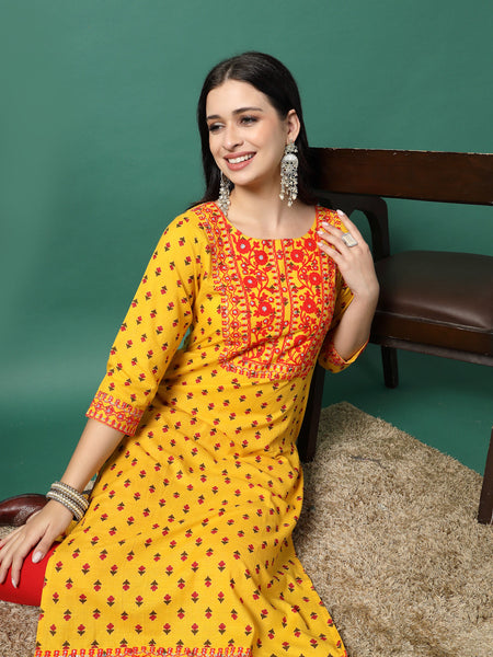 Women Yellow Cotton Embroidered Straight Kurta