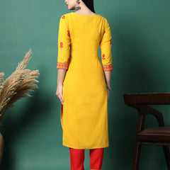 Women Yellow Cotton Embroidered Straight Kurta