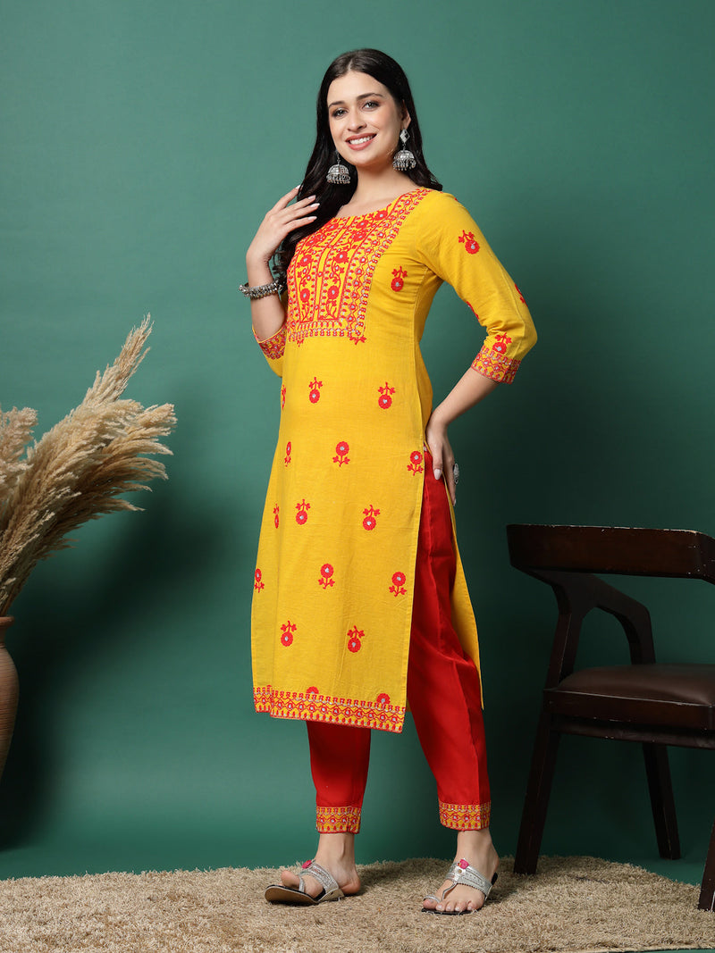 Women Yellow Cotton Embroidered Straight Kurta