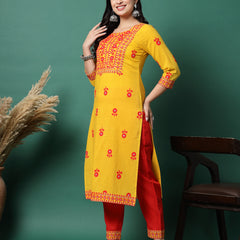 Women Yellow Cotton Embroidered Straight Kurta