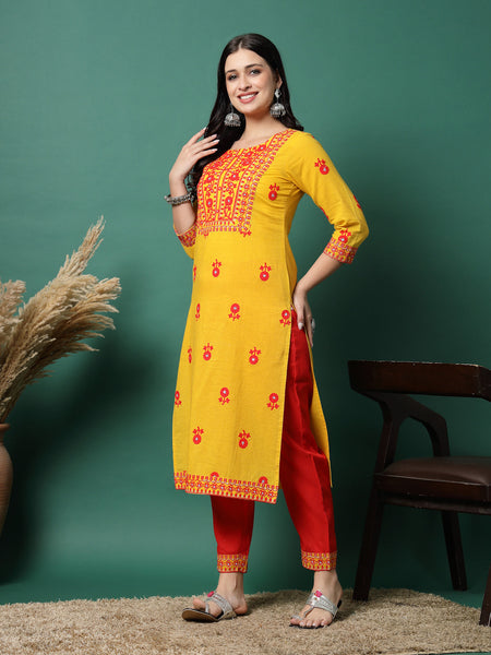Women Yellow Cotton Embroidered Straight Kurta