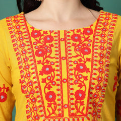 Women Yellow Cotton Embroidered Straight Kurta
