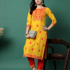 Women Yellow Cotton Embroidered Straight Kurta