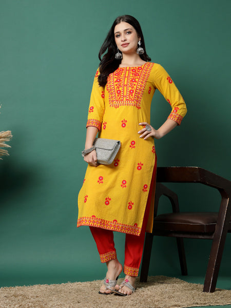 Women Yellow Cotton Embroidered Straight Kurta