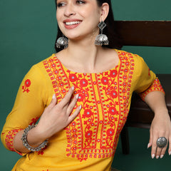 Women Yellow Cotton Embroidered Straight Kurta