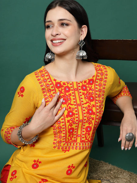 Women Yellow Cotton Embroidered Straight Kurta
