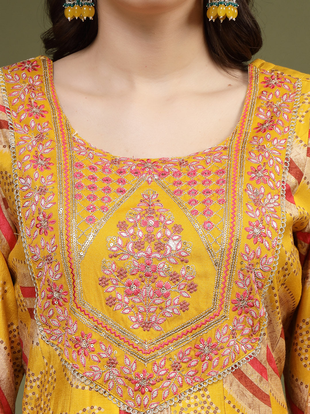 Women Musterd Embroidery Anarkali Kurta