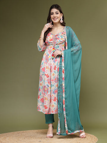 Women Floral Chinon Embroidery Anarkali Kurta With Pant And Dupatta