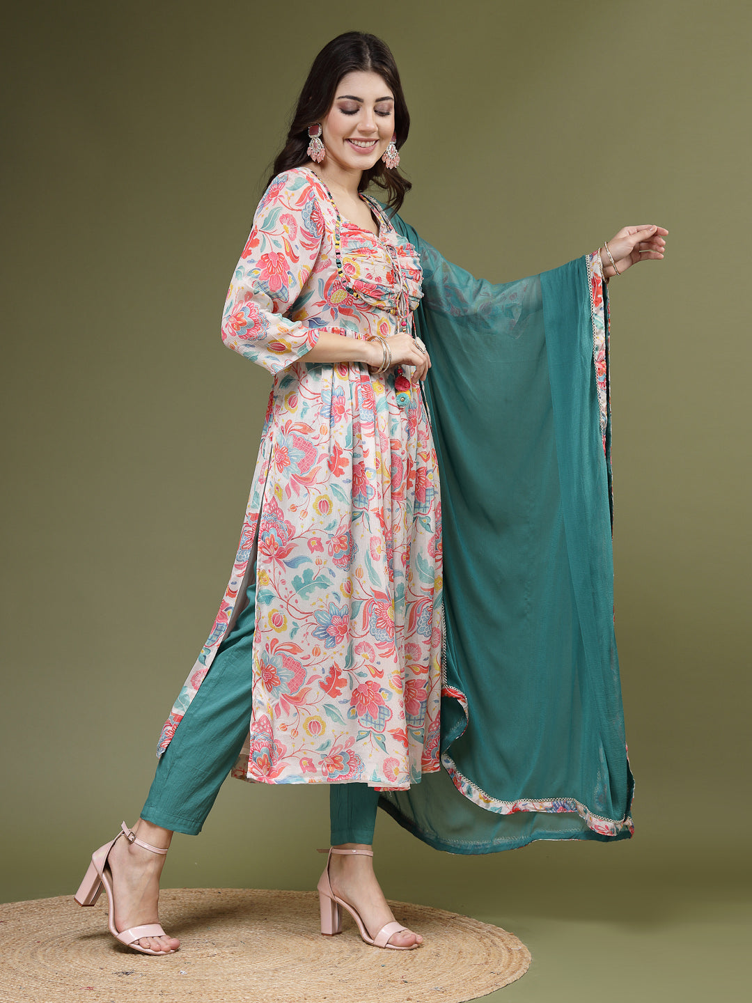 Women Floral Chinon Embroidery Anarkali Kurta With Pant And Dupatta