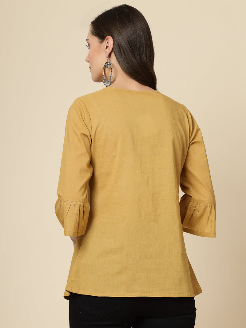 Women Beige Ethnic Embroidered Tie-Up Neck Bell Sleeves Gathered Cotton Casual Top