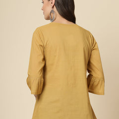 Women Beige Ethnic Embroidered Tie-Up Neck Bell Sleeves Gathered Cotton Casual Top