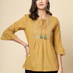 Women Beige Ethnic Embroidered Tie-Up Neck Bell Sleeves Gathered Cotton Casual Top