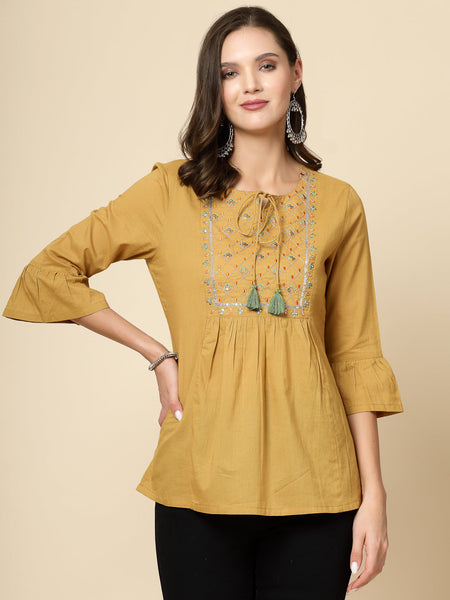 Women Beige Ethnic Embroidered Tie-Up Neck Bell Sleeves Gathered Cotton Casual Top
