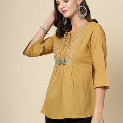 Women Beige Ethnic Embroidered Tie-Up Neck Bell Sleeves Gathered Cotton Casual Top
