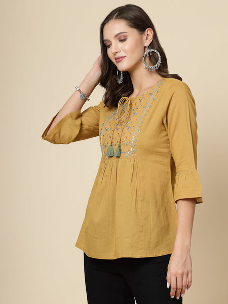 Women Beige Ethnic Embroidered Tie-Up Neck Bell Sleeves Gathered Cotton Casual Top