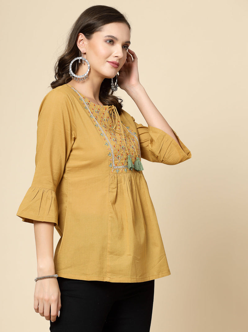 Women Beige Ethnic Embroidered Tie-Up Neck Bell Sleeves Gathered Cotton Casual Top