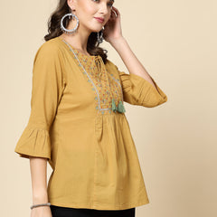 Women Beige Ethnic Embroidered Tie-Up Neck Bell Sleeves Gathered Cotton Casual Top