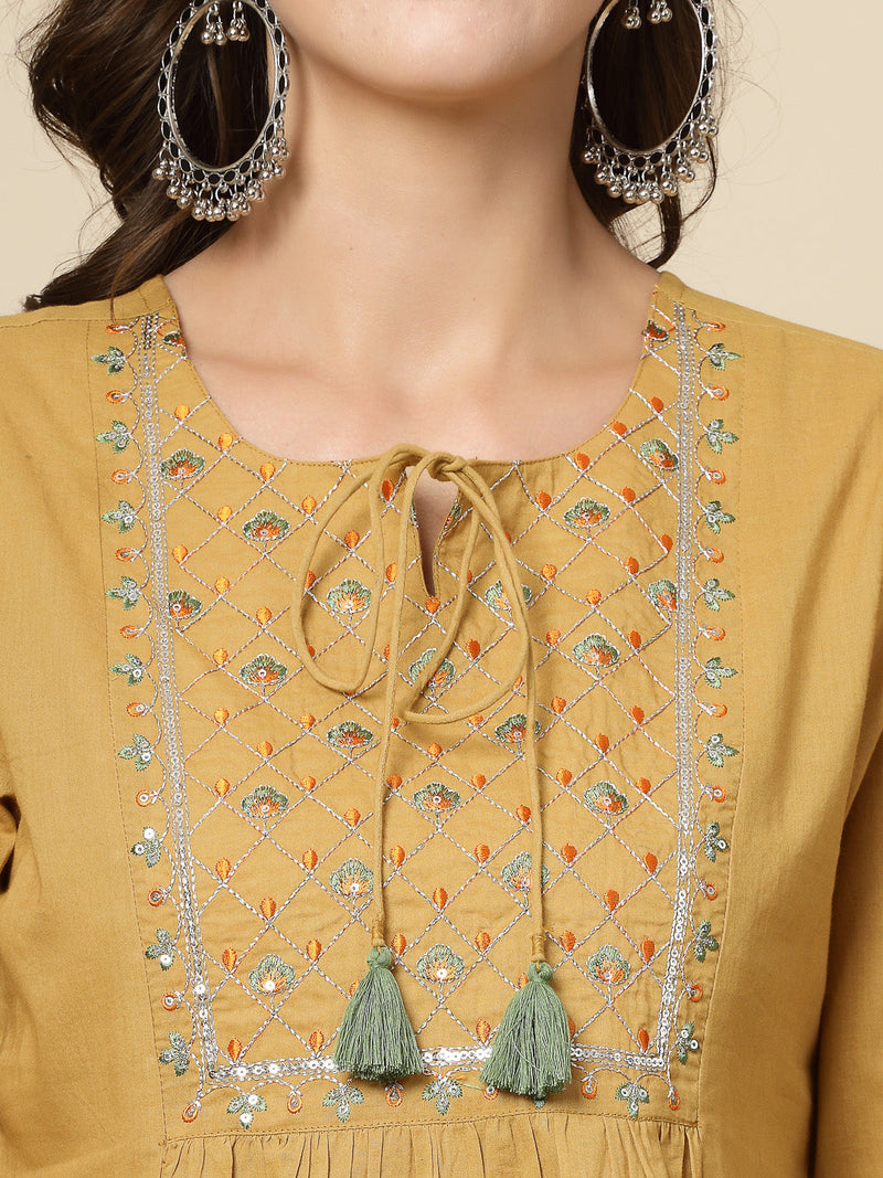 Women Beige Ethnic Embroidered Tie-Up Neck Bell Sleeves Gathered Cotton Casual Top