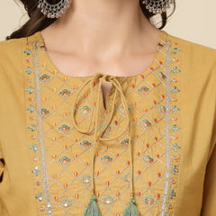 Women Beige Ethnic Embroidered Tie-Up Neck Bell Sleeves Gathered Cotton Casual Top