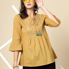 Women Beige Ethnic Embroidered Tie-Up Neck Bell Sleeves Gathered Cotton Casual Top
