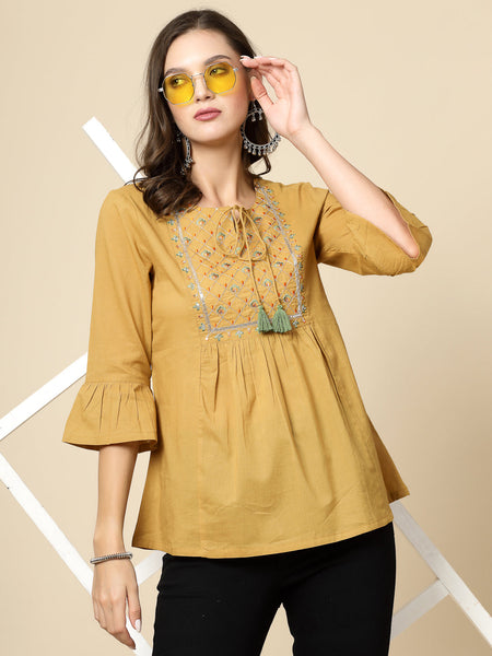 Women Beige Ethnic Embroidered Tie-Up Neck Bell Sleeves Gathered Cotton Casual Top