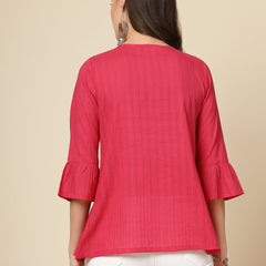 Women Ethnic Embroidered Tie-Up Neck Bell Sleeves Gathered Cotton Casual Top