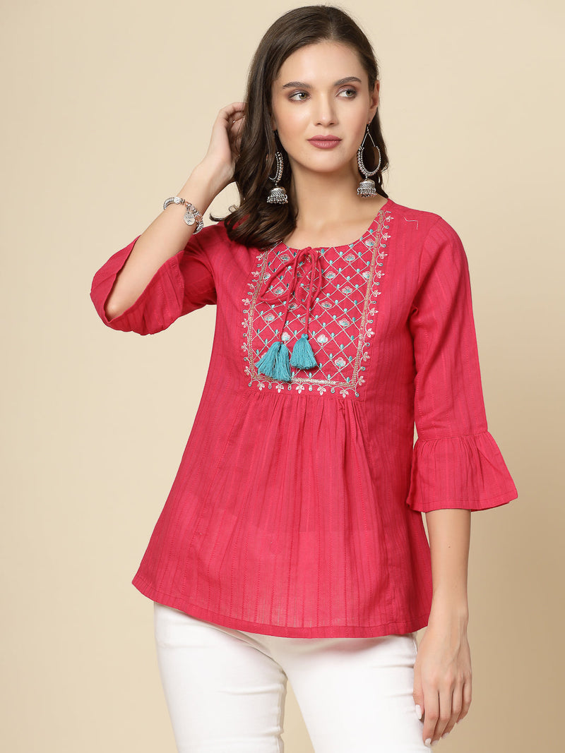 Women Ethnic Embroidered Tie-Up Neck Bell Sleeves Gathered Cotton Casual Top