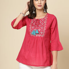 Women Ethnic Embroidered Tie-Up Neck Bell Sleeves Gathered Cotton Casual Top